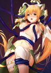  1girl arms_behind_head arms_up bangs blonde_hair blush bound breasts faicha green_eyes green_skirt hair_between_eyes hair_tubes knee_up large_breasts leafa long_hair medium_breasts midriff navel nipples open_mouth pleated_skirt ponytail restrained saliva shirt skirt solo stomach sword_art_online tentacles thighs torn_clothes torn_legwear torn_shirt very_long_hair 
