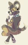  african_wild_dog anthro arm_markings black_body black_claws black_fur black_hair black_inner_ear black_nose black_pawpads black_piercing black_tongue blue_collar brown_body brown_ears brown_eyes brown_fur butt_tuft canid canine cheek_tuft claws collar digital_media_(artwork) digitigrade ear_piercing facial_tuft fangs fur gauged_ear glistening glistening_eyes hair knee_tuft leg_tuft looking_at_viewer looking_back male mammal markings pawpads piercing pink_pawpads pink_tongue princelykaden shoulder_markings shoulder_tuft solo stud_piercing tan_body tan_fur three-quarter_view tongue tuft 