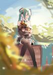  absurdly_long_hair aqua_hair aqua_skirt bangs bare_shoulders black_legwear black_skirt black_sleeves blue_sky blurry blurry_foreground bouquet chinese_commentary closed_eyes collared_shirt commentary_request day detached_sleeves flower full_body hair_between_eyes hatsune_miku jiuyesang knees_together_feet_apart long_hair long_sleeves object_hug shirt sitting skirt sky sleeveless sleeveless_shirt sleeves_past_wrists smile thighhighs twintails two-tone_skirt very_long_hair vocaloid 