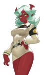  1girl absurdres bangs bori_diary breasts colored_skin cowboy_shot demon_girl fang green_eyes green_hair hand_on_hip highres horns large_breasts long_hair looking_at_viewer looking_down medium_breasts panty_&amp;_stocking_with_garterbelt pointy_ears red_skin scanty_(psg) skirt symbol-only_commentary yellow_eyes 