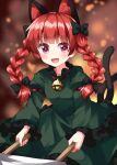  1girl :d animal_ears bell black_bow blurry blurry_background bow braid cat_ears cat_tail depth_of_field dress frills green_dress hair_bow highres holding jingle_bell kaenbyou_rin long_sleeves multiple_tails neck_bell nekomata open_mouth red_eyes red_hair ruu_(tksymkw) smile solo standing tail touhou twin_braids two_tails wide_sleeves 