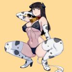  1girl animal_ears animal_print bangs bell bikini black_bikini black_eyes black_hair boots breasts cleavage collar covered_nipples cow_ears cow_print cow_tail cowbell elbow_gloves full_body girls_und_panzer gloves hand_on_own_head high_heels highres horns large_breasts navel nishizumi_shiho onsen_tamago_(hs_egg) red_collar simple_background solo squatting string_bikini swimsuit tail thigh_boots white_footwear white_gloves white_tail yellow_background 