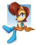  1girl animal_ears animal_nose artist_name blue_eyes blue_footwear blue_jacket boots brown_fur eyelashes furry highres jacket looking_at_viewer red_hair s3tok41b4 sally_acorn simple_background solo sonic_(series) sonic_the_hedgehog_(archie_comics) tail white_background 