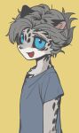  2022 anthro black_sclera blue_eyes clothing cute_fangs felid fur grey_body grey_fur hair half-length_portrait hi_res male mammal open_mouth pantherine portrait shirt short_hair shurueder simple_background smile snow_leopard solo topwear yellow_background 