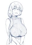  1girl breasts closed_eyes greyscale highres huge_breasts long_hair monochrome onsen_tamago_(hs_egg) open_mouth pencil_skirt side_ponytail simple_background skirt smile solo sweater_vest upper_body uzaki-chan_wa_asobitai! uzaki_tsuki v_arms white_background 