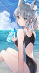  absurdres animal_ear_fluff animal_ears arm_support back blue_archive blue_sky bottle breasts cloud cloudy_sky competition_swimsuit cross_hair_ornament hair_ornament halo highres ichinose_(sorario) looking_at_viewer looking_to_the_side mismatched_pupils ocean one-piece_swimsuit partially_submerged shiroko_(blue_archive) shiroko_(swimsuit)_(blue_archive) short_ponytail sitting sky swimsuit water 