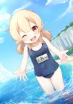  1girl ;d absurdres ahoge alternate_costume bangs beach blue_sky blue_swimsuit cliff cloud cloudy_sky commentary_request covered_navel genshin_impact hair_between_eyes highres in_water klee_(genshin_impact) light_brown_hair long_hair looking_at_viewer low_twintails mountainous_horizon name_tag nyxerebos ocean old_school_swimsuit one_eye_closed orange_eyes pointy_ears reaching_out school_swimsuit sidelocks sky sleeveless smile solo swimsuit translation_request twintails 