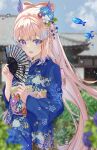  1girl absurdres animal_print architecture bangs blue_eyes blue_kimono blue_sky blurry blurry_foreground blush bow-shaped_hair commission drop_earrings earrings east_asian_architecture fish fish_print folding_fan furisode genshin_impact gradient_hair hair_ornament hand_fan highres holding holding_fan isuzu_(an_icy_cat) japanese_clothes jewelry kimono light_blue_hair long_hair looking_at_viewer multicolored_hair obi open_mouth pink_hair ponytail purple_eyes purple_hair sangonomiya_kokomi sash seashell_print shell shell_earrings skeb_commission sky smile solo starfish_print thick_eyebrows wide_sleeves 