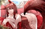  1girl absurdres akagi_(azur_lane) animal_ear_fluff animal_ears architecture ass azur_lane bangs bare_legs bare_shoulders bikini blue_sky blush breasts brown_hair brown_tail cleavage cloud cloudy_sky collarbone commentary couch dated_commentary ear_down east_asian_architecture english_commentary eyebrows_behind_hair eyes_visible_through_hair fox_ears fox_girl fox_tail frown hair_ornament hair_over_breasts hair_over_shoulder head_tilt highres japanese_clothes kitsune kyuubi large_breasts light_rays long_hair looking_at_viewer lying multiple_tails on_couch on_stomach own_hands_together panties parted_lips red_eyes revealing_clothes samip shiny shiny_hair side-tie_panties sidelocks sky slit_pupils smile solo sunlight swimsuit symbol-only_commentary tail teeth thick_thighs thighs tree underwear vegetation very_long_hair white_bikini white_panties window 