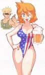  1boy 1girl :d ;d alternate_costume american_flag_swimsuit beer_mug blonde_hair breasts brock_(pokemon) cosplay cup guile guile_(cosplay) hand_on_hip holding holding_cup inkerton-kun looking_at_viewer medium_breasts misty_(pokemon) mug one-piece_swimsuit one_eye_closed orange_hair pokemon pokemon_(game) pokemon_hgss short_hair smile spiked_hair street_fighter street_fighter_ii_(series) swimsuit 