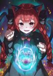  1girl ahase_hino animal_ear_fluff animal_ears black_bow black_dress blue_fire bow braid brown_eyes cat_ears cat_tail dress fangs fire flaming_skull frills green_dress hair_bow highres hitodama kaenbyou_rin long_sleeves looking_at_viewer multiple_tails nekomata open_mouth paw_pose red_eyes red_hair skull solo tail touhou twin_braids two_tails 