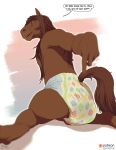  absurd_res anthro brown_body brown_fur brown_hair dialogue diaper equid equine feces fur gesture hair hi_res horse jager-darklite male mammal messy_diaper pointing scat soiling solo text 