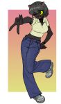  2022 anthro black_body bottomwear breasts clothing denim denim_clothing domestic_cat felid feline felis female footwear gesture hi_res jeans mammal midriff on_one_leg one_eye_closed open_mouth pants shirt shoes shurueder simple_background smile solo standing topwear v_sign yellow_sclera 