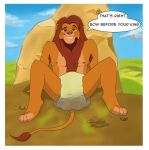  anthro dialogue diaper disney feces felid fur hi_res lion male mammal messy_diaper orange_body orange_fur pantherine radical_moderate scat simba smile soiling solo text the_lion_king whiskers 