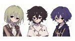  3boys black_hair bug capelet closed_mouth collared_shirt cross cross_necklace cursenday&#039;s_dark_carnival ensemble_stars! gelato1014 green_hair hair_between_eyes highres hood hood_down jewelry kazehaya_tatsumi male_focus martin_kang medium_hair multiple_boys necklace parted_lips purple_eyes purple_hair saibou_shinkyoku shirt short_hair silk simple_background sparkle spider spider_web stole utsugi_noriyuki white_background white_capelet white_shirt yellow_eyes 