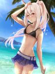  1girl absurdres alternate_costume armpits ayanami_(azur_lane) azur_lane bangs bare_shoulders bikini bikini_top_only black_bikini blue_skirt blue_sky blurry breasts cleavage cloud cloudy_sky coconut_tree collarbone commentary_request depth_of_field grey_hair hair_between_eyes hand_on_own_head headgear highres in_water kaneko_ryou long_hair looking_at_viewer mountainous_horizon navel ocean palm_tree parted_lips pleated_skirt ponytail red_eyes retrofit_(azur_lane) sidelocks skirt sky solo spaghetti_strap stomach swimsuit tree wet wet_clothes wet_swimsuit 