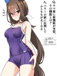  1girl admire_vega_(umamusume) animal_ears blush breasts brown_hair collarbone hair_between_eyes herohero_(higashi_no_dou) highres horse_ears horse_girl long_hair medium_breasts ponytail purple_eyes school_swimsuit solo swimsuit translation_request umamusume 