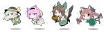  4girls :d animal_ears arm_cannon bangs bird_wings black_bow black_footwear black_hairband black_headwear black_wings blue_shirt blush bow braid brown_eyes brown_hair buttons bwell cape cat_ears cat_tail chibi closed_mouth collared_shirt commentary_request control_rod diamond_button dress eyeball fang flying frilled_dress frilled_shirt_collar frilled_skirt frilled_sleeves frills frown full_body green_bow green_dress green_eyes green_skirt hair_between_eyes hair_bow hair_ornament hairband hat hat_ribbon heart heart_hair_ornament heart_of_string highres kaenbyou_rin komeiji_koishi komeiji_satori light_green_hair long_hair long_sleeves medium_hair multiple_girls multiple_tails nekomata noose open_mouth pink_eyes pink_footwear pink_hair pink_skirt red_eyes red_hair reiuji_utsuho ribbon ribbon-trimmed_collar ribbon_trim shirt short_hair short_sleeves simple_background skirt smile tail third_eye touhou twin_braids weapon white_background white_cape white_shirt wide_sleeves wings yellow_ribbon yellow_shirt 