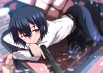  1girl androgynous belt black_hair book gun handgun highres holding kino_(kino_no_tabi) kino_no_tabi purple_eyes reverse_trap short_hair solo tomboy tomurasuisen trigger_discipline weapon 