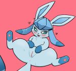  &lt;3 2022 3_toes anus blue_body blush bodily_fluids butt chest_tuft eeveelution feet female feral genital_fluids genitals glaceon green_eyes hi_res kemono knees_bent motion_lines nintendo park_horang pawpads pink_background pok&eacute;mon pok&eacute;mon_(species) pussy pussy_juice seductive simple_background solo spread_legs spreading sweat toes tuft video_games 