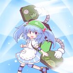  1girl 216 :d alternate_costume apron bangs blue_background blue_eyes blue_footwear blue_hair blue_skirt flat_cap green_headwear hair_bobbles hair_ornament hat kawashiro_nitori knee_pads looking_at_viewer mechanical_arms open_mouth roller_skates short_hair short_sleeves skates skirt smile solo touhou touhou_lost_word two_side_up v-shaped_eyebrows white_apron 