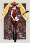  1girl absurdres belt black_footwear black_hair boots dress guitar hair_ornament hi_no_tori_(kemono_friends) highres instrument kemono_friends kemono_friends_3 long_hair looking_at_viewer open_mouth pantyhose red_dress red_eyes ribbon simple_background solo tail toriny wings 