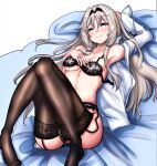  1girl absurdres an-94_(girls&#039;_frontline) bed_sheet black_bra black_legwear black_panties blue_eyes blush bra breasts cameltoe english_commentary garter_belt garter_straps girls&#039;_frontline grey_hair highres lingerie long_hair medium_breasts open_clothes open_shirt panties peroronti shirt simple_background solo underwear white_shirt 