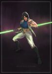  1girl abs artist_name black_hair bob_cut breasts crop_top energy_sword english_text highres holding holding_weapon knights_of_the_old_republic large_breasts lightsaber looking_at_viewer meridaladida midriff muscular muscular_female sleeveless sleeveless_jacket star_wars sword tattoo weapon 