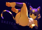  animal_crossing ankha_(animal_crossing) anthro bandage big_butt black_background blue_eyes blue_hair butt domestic_cat felid feline felis female fleet-foot hair legs_up looking_at_viewer lying mammal nintendo on_back presenting presenting_hindquarters simple_background solo thick_thighs video_games yellow_body 