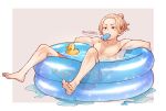  1boy barefoot black_eyes blonde_hair border brown_background empty_eyes food food_in_mouth hair_bun highres male_focus male_swimwear partially_submerged popsicle rubber_duck sano_manjirou simple_background single_hair_bun sitting solo tokyo_revengers tonomayo topless_male twitter_username wading_pool white_border 