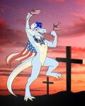  4th_of_july anthro cape christianity clothing dragon hi_res male red_eyes religion solo stars_and_stripes united_states_of_america 