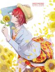  1boy blue_jacket bow bowtie character_name clothes_around_waist collared_shirt cowboy_shot dated fedora flower hair_between_eyes hand_on_headwear happy_birthday hat holding holding_flower ittoki_otoya jacket looking_at_viewer male_focus pants patterned_clothing pelee petals red_eyes red_hair shirt short_hair sideways_glance smile solo suit_jacket sunflower traditional_bowtie twitter_username uta_no_prince-sama vest white_pants white_shirt yellow_bow yellow_bowtie yellow_headwear yellow_vest 