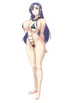  1girl arms_behind_back bangs bare_shoulders barefoot bikini black_swimsuit blue_eyes blue_hair breasts cleavage closed_mouth collarbone commentary_request commission earrings full_body groin hair_between_eyes highres jewelry large_breasts long_hair looking_at_viewer navel ozaneko pearl_earrings saotome_nagi sidelocks simple_background skeb_commission slingshot_swimsuit smile solo standing stomach swimsuit tropical_kiss white_background 