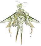  1girl antennae arthropod_girl arthropod_limbs carapace closed_mouth colored_sclera colored_skin full_body green_pupils green_sclera green_skin hand_on_hip highres horns insect_wings looking_at_viewer mantis_girl monster_girl multicolored_skin no_feet original ruteko_(ruko220) short_hair simple_background solo standing twitter_username white_background white_hair white_skin wings yellow_eyes yellow_skin 