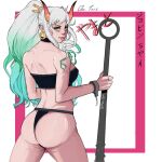  1girl absurdres ass club_(weapon) cuffs detached_sleeves from_behind handcuffs highres holding holding_weapon horns huge_ass jobin_chan long_hair looking_at_viewer looking_back md5_mismatch one_piece resolution_mismatch source_smaller standing swimsuit thick_thighs thighs tongue tongue_out underwear weapon yamato_(one_piece) 