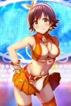  1girl :p armpits belt blush breasts brown_hair contrapposto earrings gloves groin hands_on_hips highres honda_mio idolmaster idolmaster_cinderella_girls jewelry looking_at_viewer medium_breasts miniskirt navel pleated_skirt short_hair sideboob skirt smile solo stage stage_lights star_(symbol) star_earrings thighhighs thighs tongue tongue_out white_gloves z.nov 
