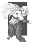  1girl abs biceps breasts clenched_hands foot_out_of_frame fuuma_kotarou_(tenkaichi) greyscale highres large_breasts long_hair monochrome navel outline pants rggr sandals sideboob smile solo tenkaichi_nihon_saikyou_bugeisha_ketteisen white_outline 