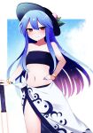  1girl absurdres bare_arms bare_shoulders black_headwear blue_hair blush closed_mouth collarbone cowboy_shot fingernails hair_between_eyes hat highres hinanawi_tenshi long_hair nail_polish navel red_eyes sarong smile solo sword_of_hisou touhou white_sarong you_(noanoamoemoe) 