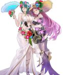  2girls bangs bare_shoulders breasts fire_emblem fire_emblem_heroes full_body green_hair hair_ornament highres holding loki_(fire_emblem) long_hair maeshima_shigeki multiple_girls non-web_source official_art purple_hair shiny shiny_hair swimsuit thorr_(fire_emblem) transparent_background 