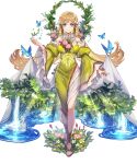  1girl animal bangs bird blonde_hair blue_eyes breasts bug butterfly closed_mouth dress fire_emblem fire_emblem_heroes flower full_body grass green_dress hair_ornament highres long_hair looking_at_viewer medium_breasts non-web_source official_art puffy_sleeves shiny shiny_hair smile solo standing toeless_footwear toes transparent_background turtleneck water water_drop wide_sleeves ymir_(fire_emblem_heroes) 