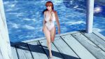  1girl 3d absurdres bangs bare_arms bare_legs bare_shoulders barefoot breasts brown_eyes brown_hair ceez_m cleavage closed_mouth collarbone commentary dead_or_alive dead_or_alive_xtreme full_body highleg highleg_swimsuit highres kasumi_(doa) lips long_hair looking_at_viewer medium_breasts one-piece_swimsuit outdoors shadow simple_background swimsuit thighs toes water white_swimsuit 