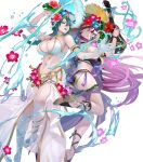  2girls bangs bare_shoulders bikini breasts fire_emblem fire_emblem_heroes full_body green_hair hair_ornament highres holding loki_(fire_emblem) long_hair maeshima_shigeki multiple_girls non-web_source official_art purple_bikini purple_hair shiny shiny_hair swimsuit thorr_(fire_emblem) transparent_background white_bikini 