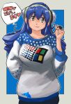  1girl absurdres blue_hair breasts cable closed_mouth dolphin flipped_hair headgear headphones highres long_hair looking_at_viewer os-tan pants simple_background smile solo standing sweater toriny winchan windows yellow_eyes 