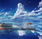  1girl bird chair cloud cloudy_sky day dress flying ground_vehicle highres holding_hands kenzo_093 original reflection reflective_water scenery sitting skirt sky train train_station train_station_platform water 
