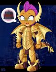  armor bodily_fluids dragon english_text friendship_is_magic heavy hi_res horn my_little_pony smolder_(mlp) standing sweat sweatdrop text thought_bubble uotapo 
