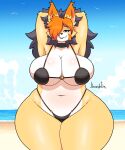  absurd_res anthro big_breasts bikini black_hair bottomwear breasts canid canine cheek_tuft cleavage clothed clothing eyelashes facial_tuft female fox fur hair hair_over_eye hands_behind_head hi_res hotpants jhenightfox julie_(jhenightfox) looking_at_viewer mammal multicolored_tail narrowed_eyes one_eye_obstructed orange_body orange_fur orange_hair raised_arms shorts solo standing swimwear thick_thighs tuft wide_hips yellow_body yellow_fur 