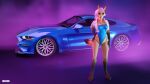  3d_(artwork) anthro canid canine canis car claws clothed clothing digital_media_(artwork) female fog ford ford_mustang fox fur hair impreza jacket mammal multicolored_body outside pink_hair simple_background solo swimwear tan_body tan_fur topwear tridognait vehicle 