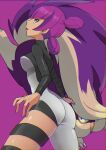  1girl bangs blunt_bangs bodysuit claws closed_mouth commentary_request cowboy_shot from_below grey_eyes jupiter_(pokemon) kono2noko long_sleeves looking_down pokemon pokemon_(creature) pokemon_(game) pokemon_dppt purple_background purple_hair skuntank team_galactic team_galactic_uniform thigh_strap 