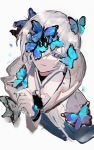  1boy blue_eyes bug butterfly closed_mouth elsword facing_viewer hair_over_one_eye highres kurayuki0404 long_sleeves looking_to_the_side male_focus noah_(elsword) nyx_pieta_(elsword) one_eye_covered short_hair smile solo white_background white_hair 