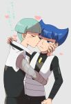  2boys bangs black_shirt blue_eyes blue_hair blunt_bangs blush closed_eyes closed_mouth clothes_tug commentary_request green_hair grey_background heart highres hug kiss kono2noko logo looking_at_viewer male_focus multiple_boys pokemon pokemon_(game) pokemon_dppt saturn_(pokemon) shirt short_hair sweat team_galactic_grunt translation_request vest white_vest yaoi 